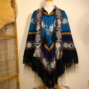 BOHO-Turquoise & Black Woven Tie Front Fringed Native Poncho Cape-Size X-Large